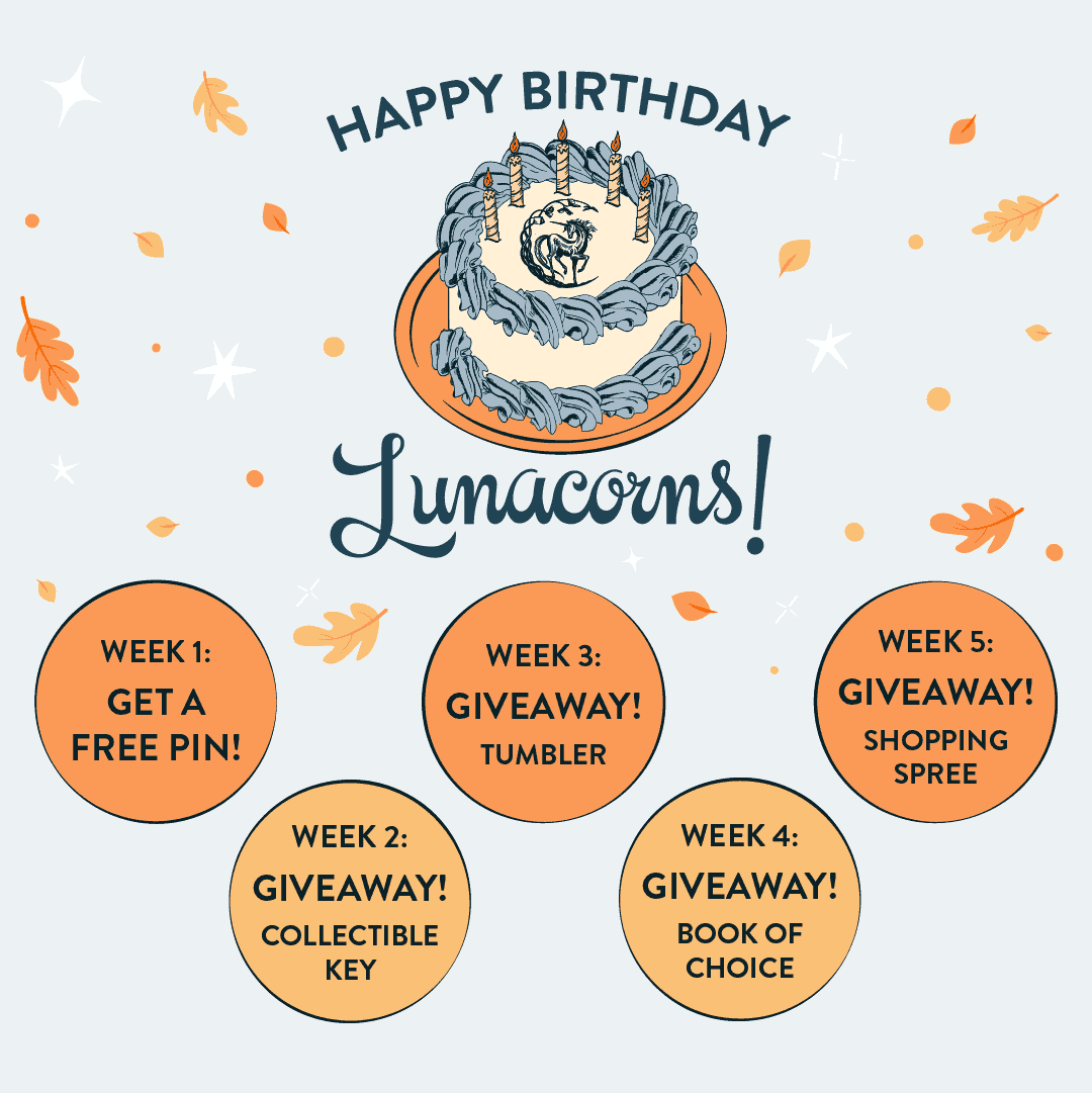 Happy Lunacorn Birthday Month! Each week's giveaway appears on a bubble in the image.