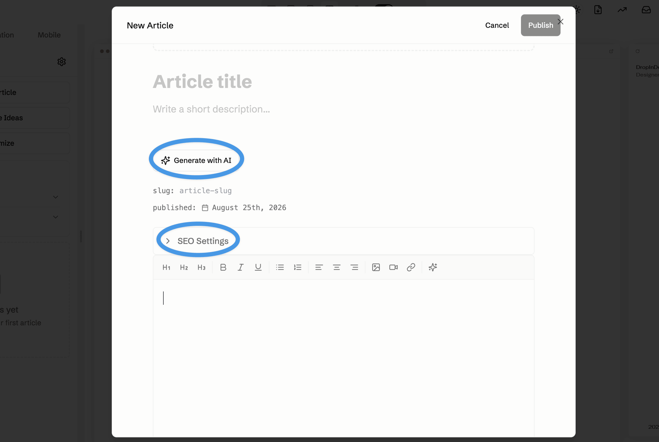 AI and SEO settings in Vsble's content editor