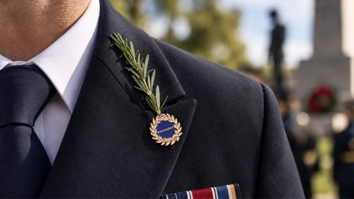 person wearing Always Remember Rosemary Carrier Lapel Pin