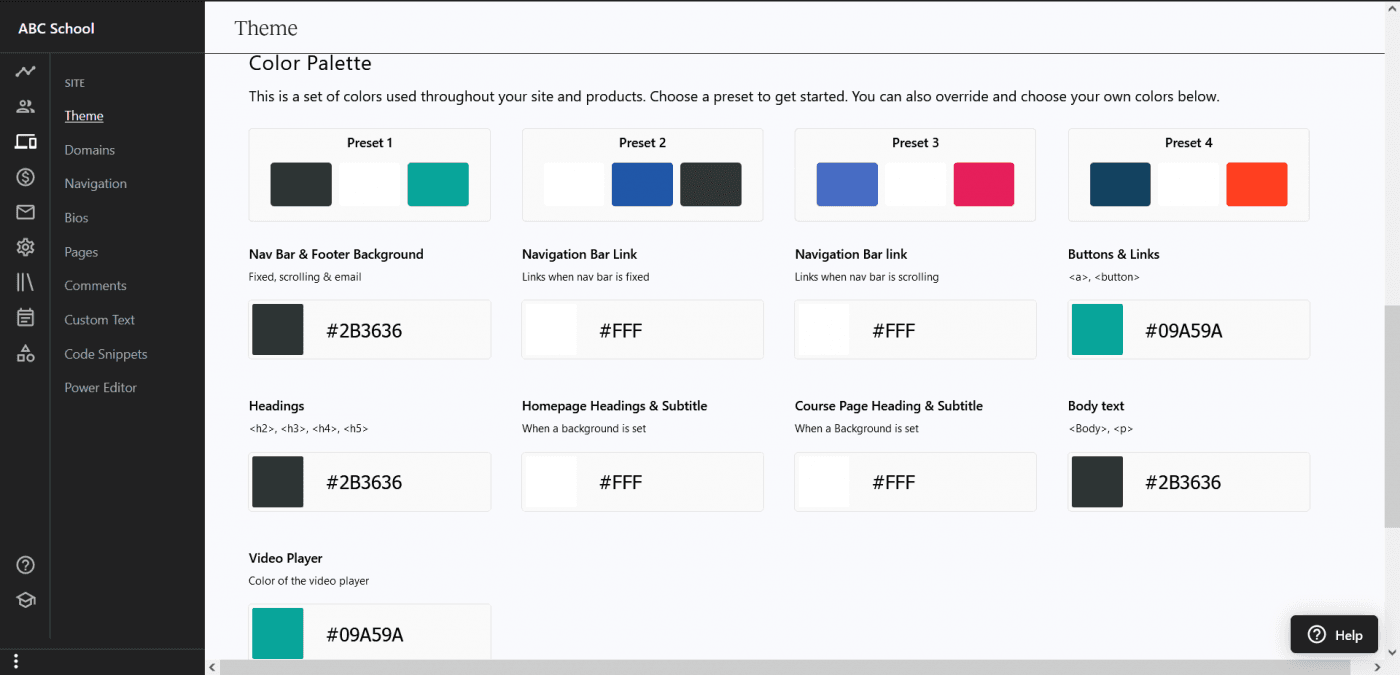 Teachable theme color palette