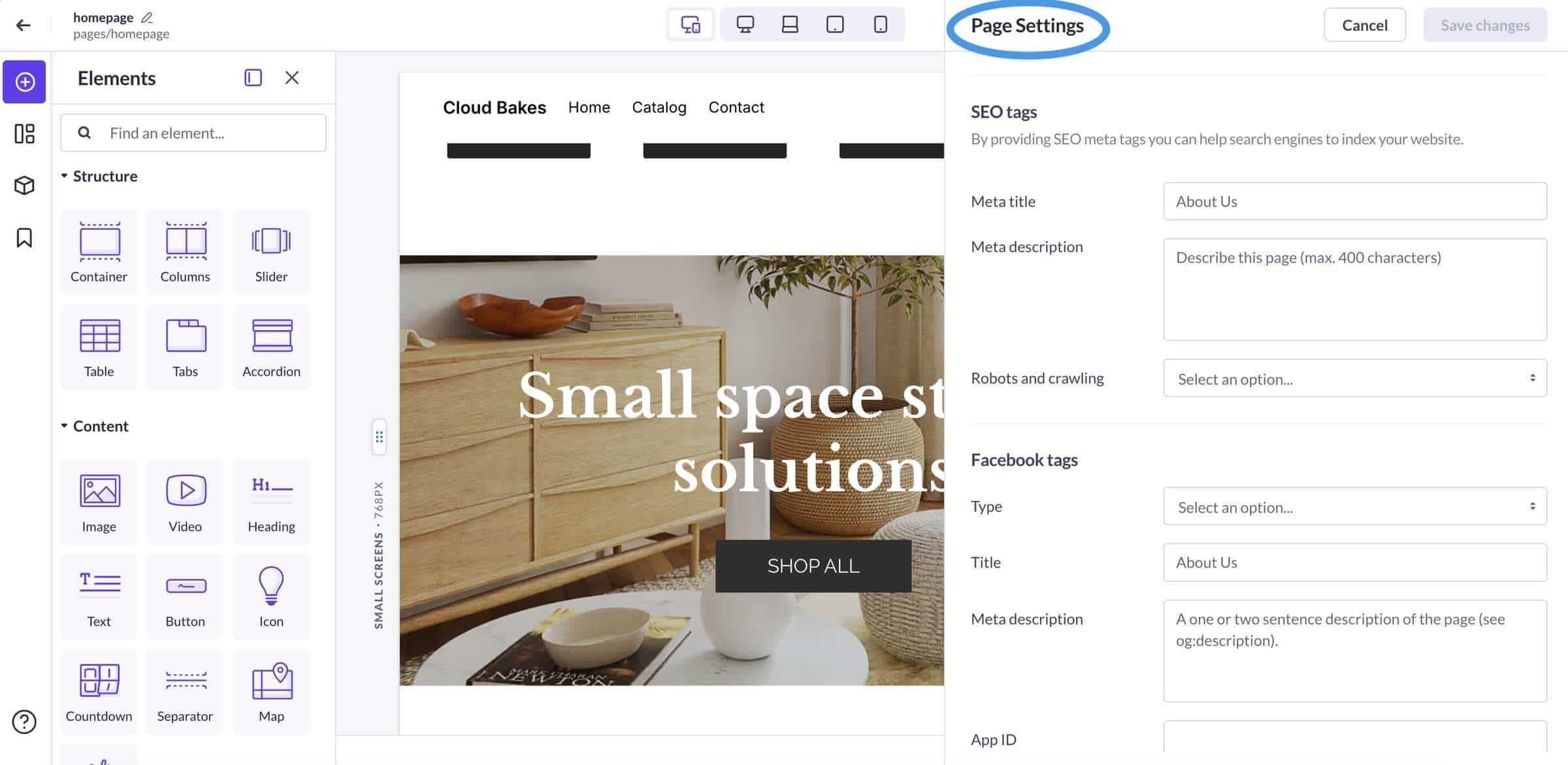 Shogun page builder: Page settings