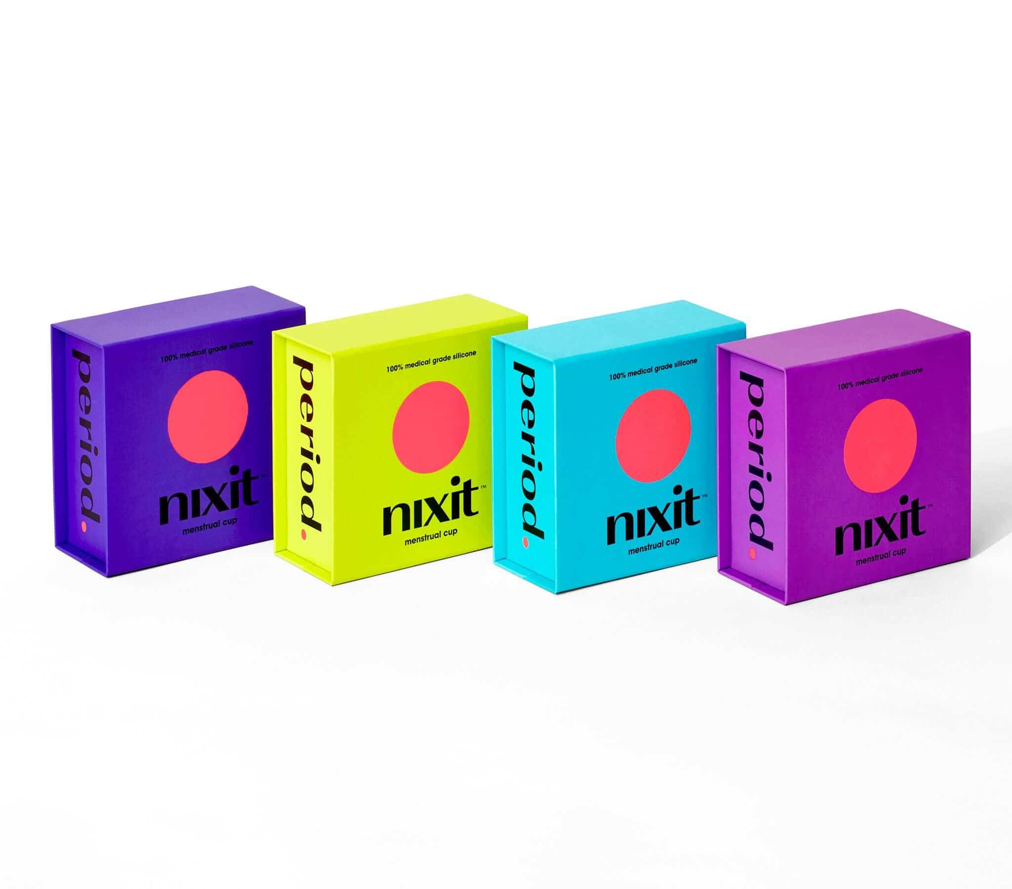 Row of different colored boxes of menstrual cups