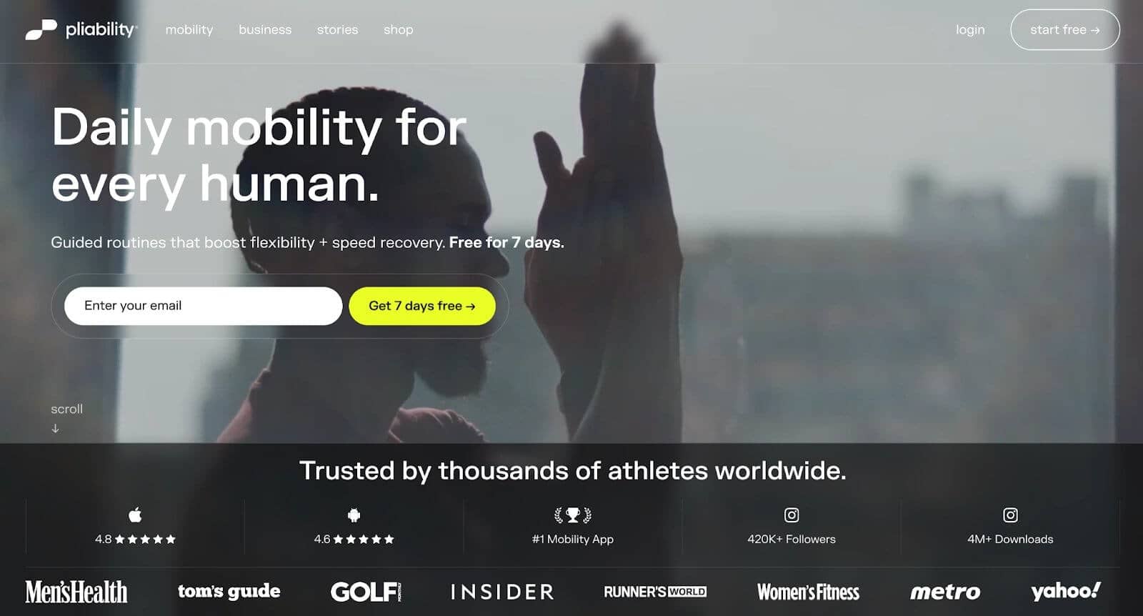Pliability mobility and stretching app for athletes