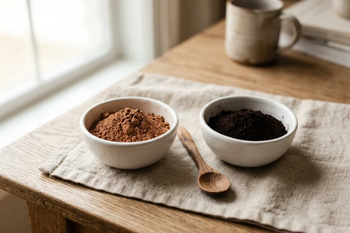 Two bowls of cocoa powder side by side, one light reddish brown and one very dark, on a linen cloth