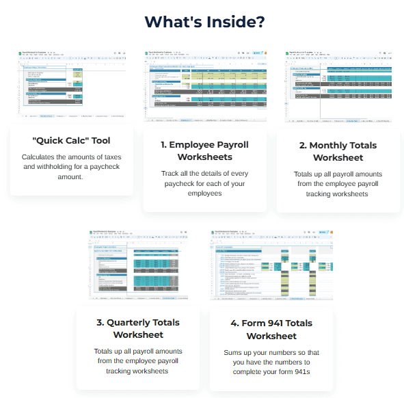 Payroll workbook with paycheck calculator and employee payroll worksheets