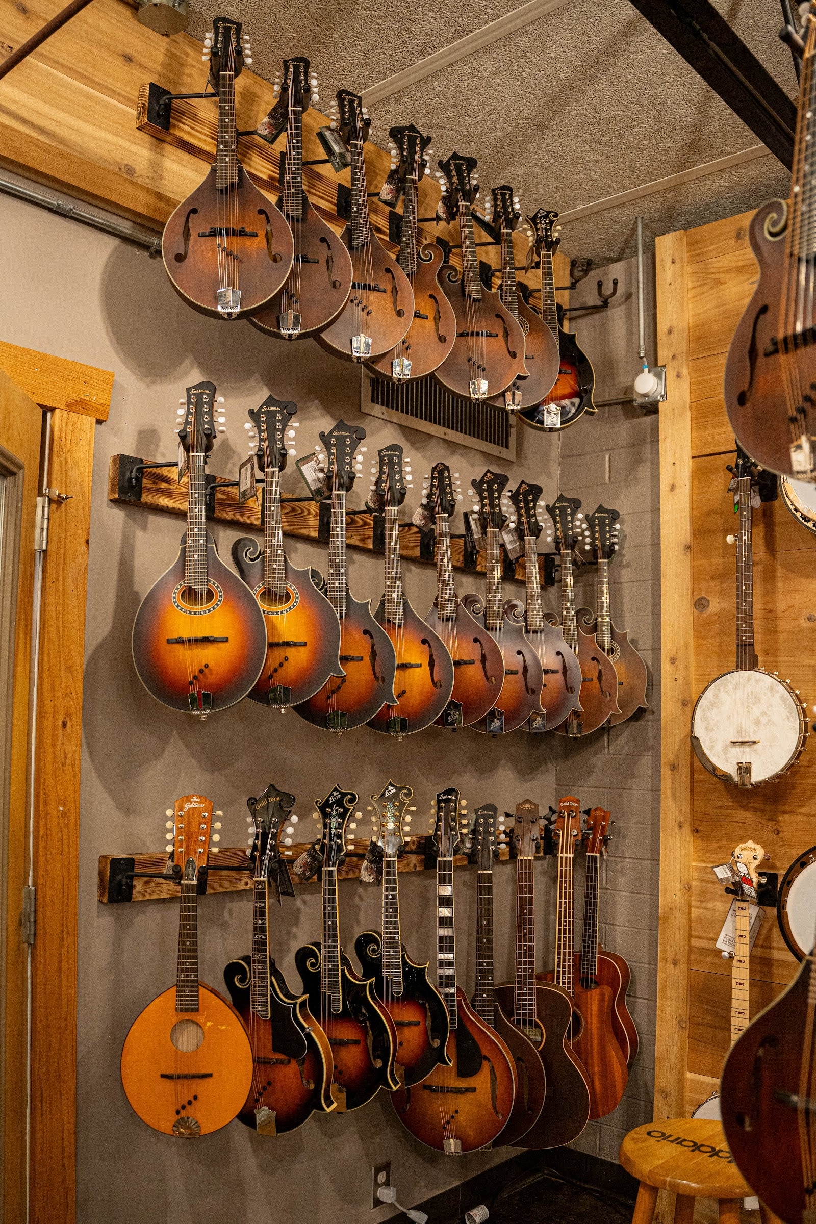 Corner of the mandolin room at The Acoustic Shoppe with rows of sunburst A-style and F-style mandolins