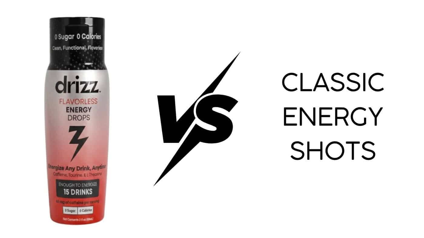 Drizz vs 5-Hour Energy comparison — Drizz energy drops bottle surrounded by glasses of OJ, sparkling water, smoothie, and iced tea