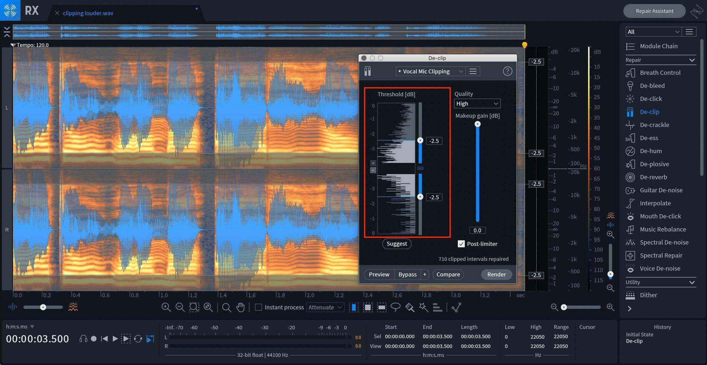 Setting the threshold in RX De-Clip's histogram