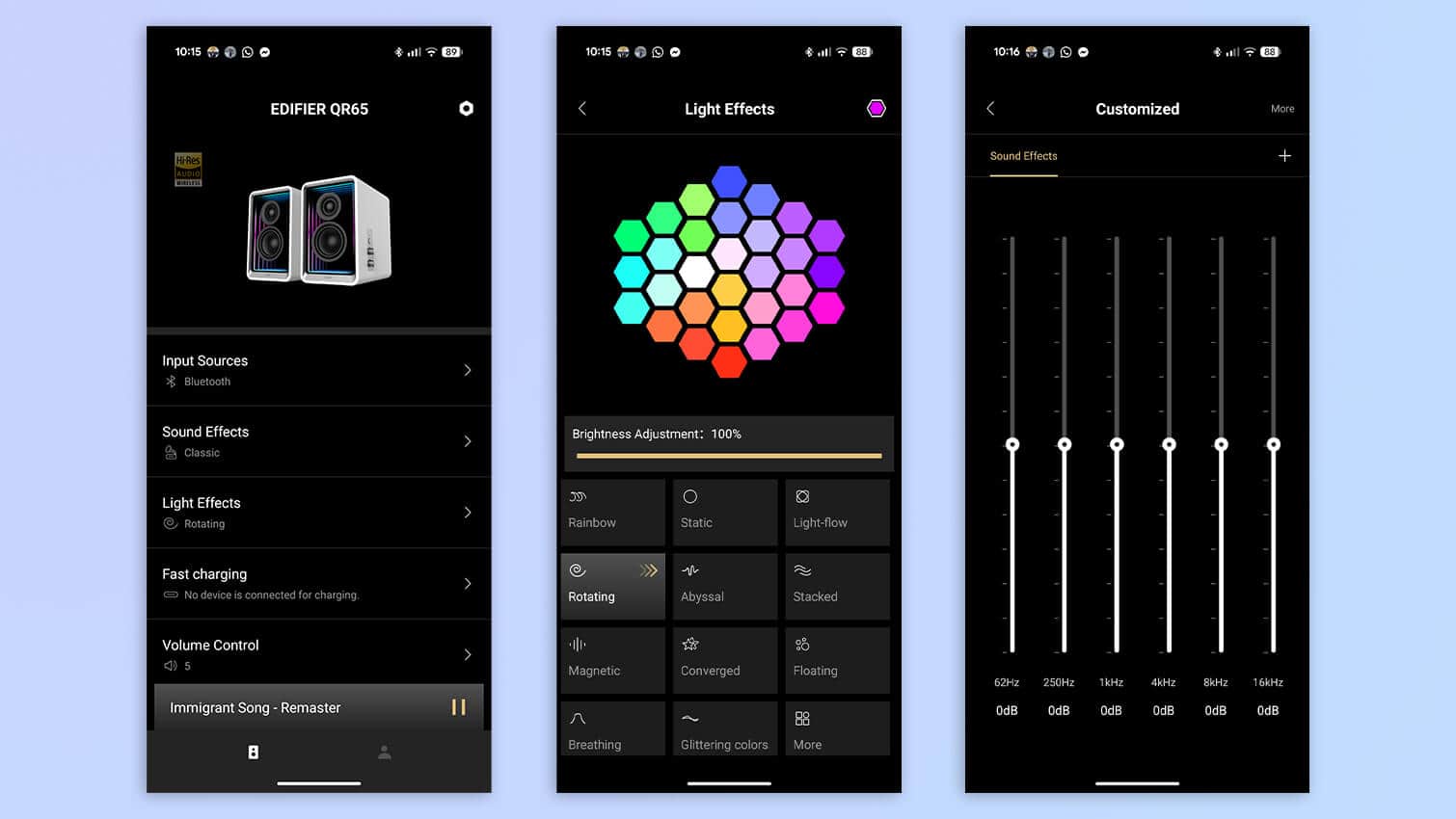 Smartphone app interface controlling Edifier QR65