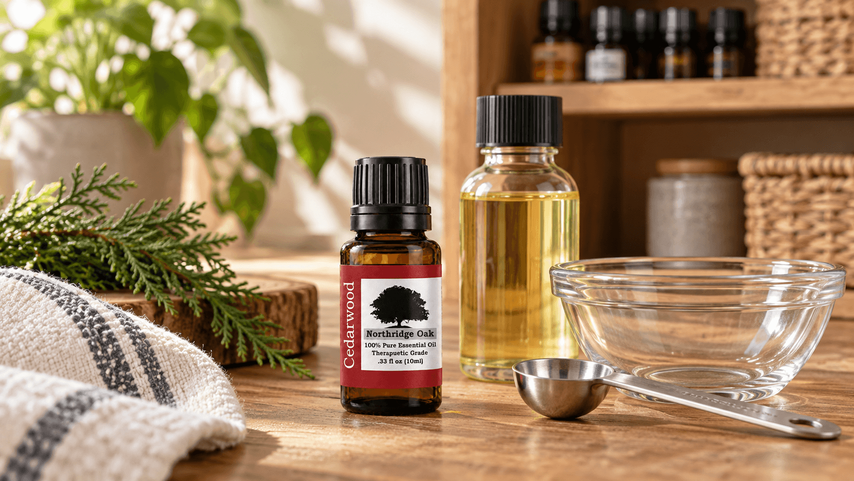 Cedarwood essential oil with carrier oil, measuring tools and organized storage