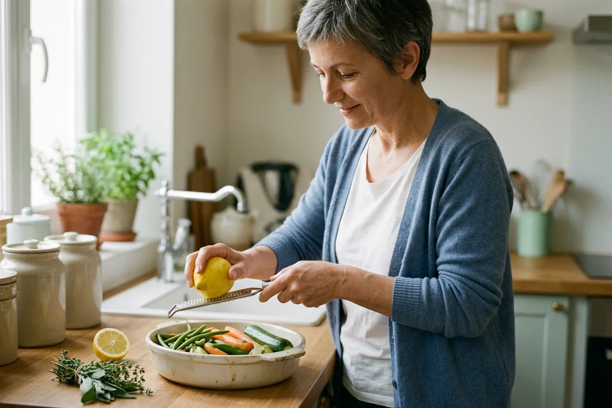 Femme qui râpe un zeste de citron sur un plat de légumes à la place du sel