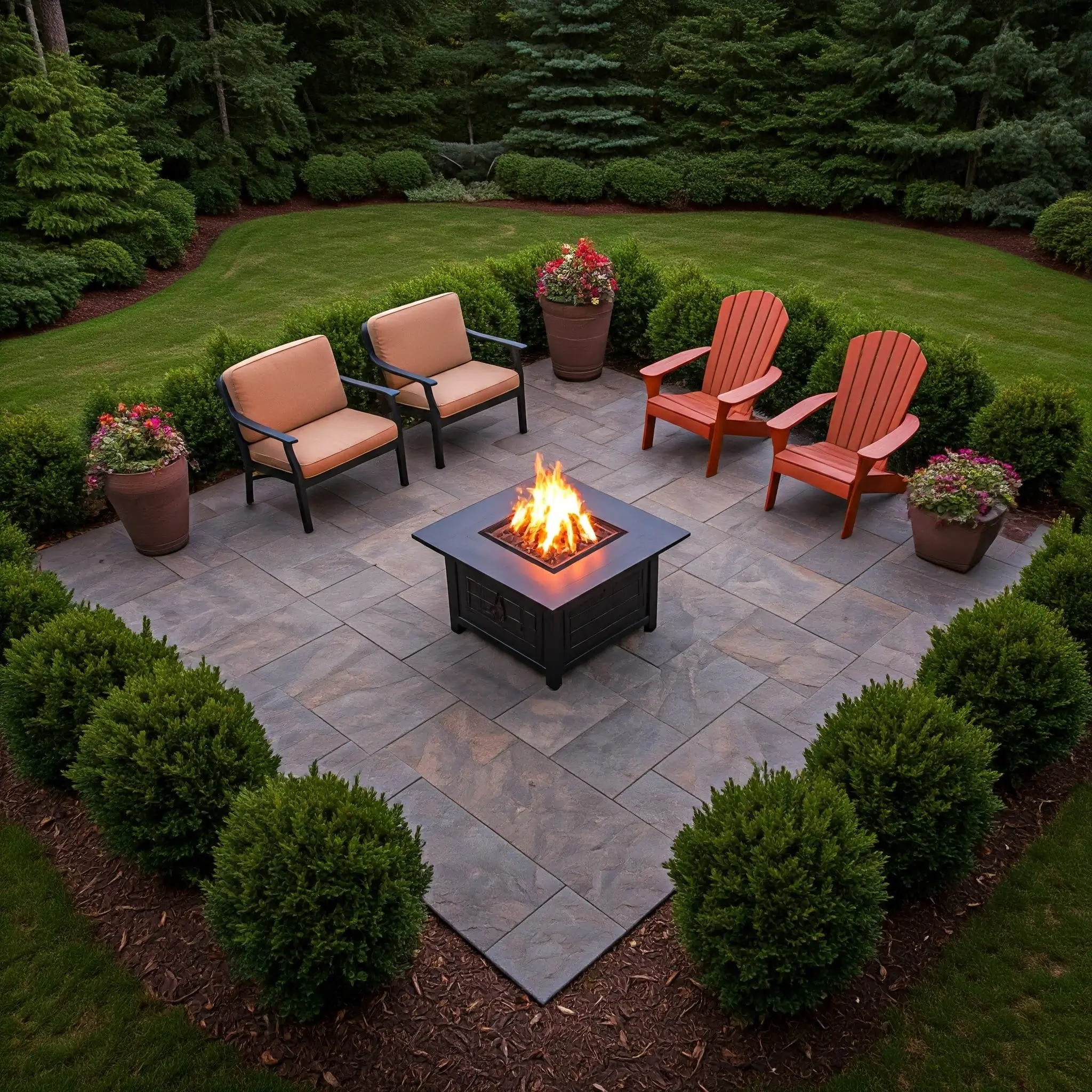 A cozy outdoor patio with a square fire pit surrounded by chairs and potted plants.
