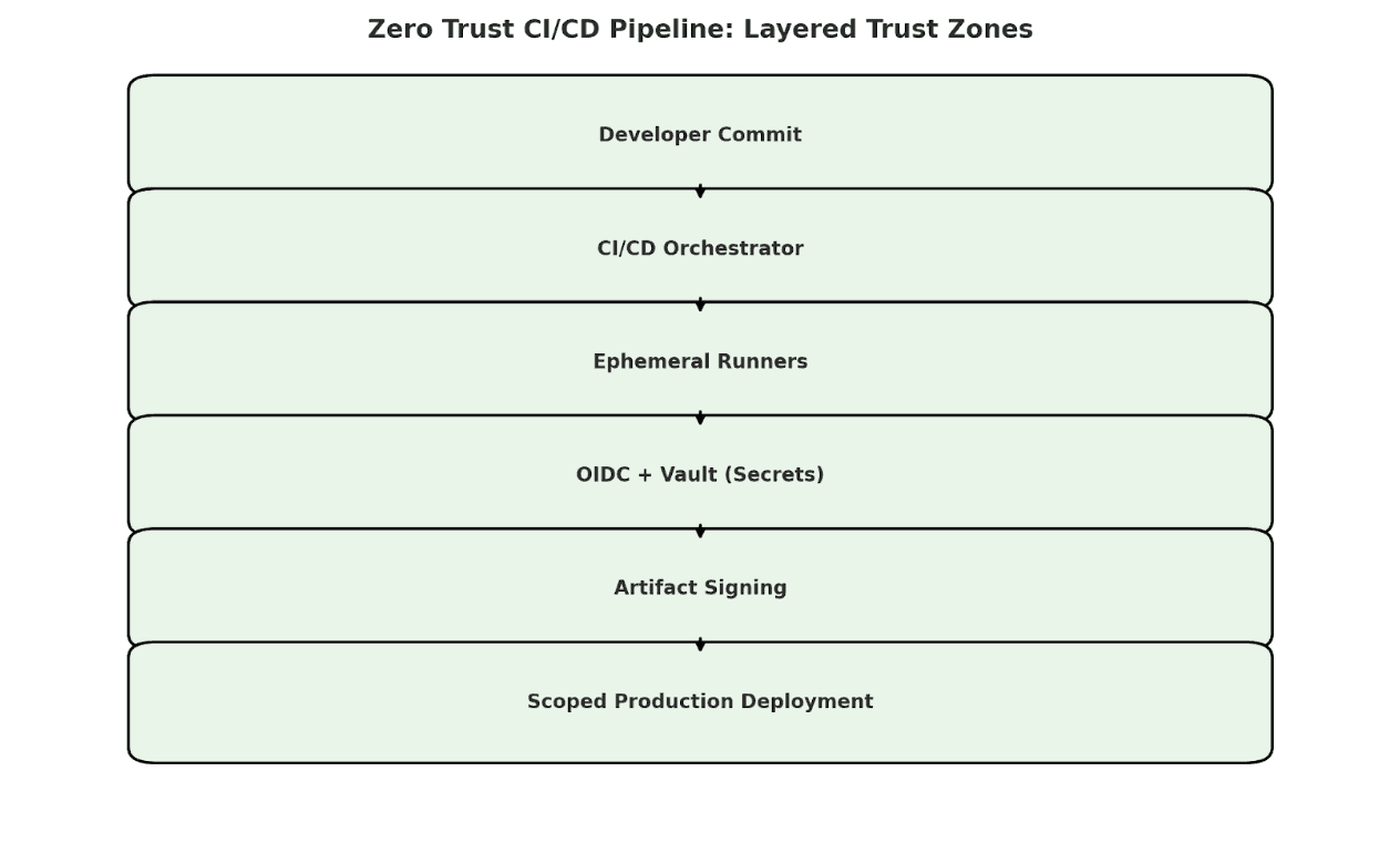 Diagram showing a Zero Trust CI/CD pipeline with layered trust zones, including developer commit, CI/CD orchestrator, ephemeral runners, OIDC-based secret access, artifact signing, and scoped production deployment.