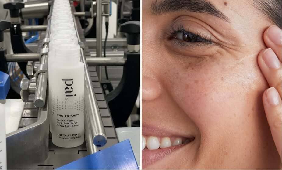 Pai Skincare Fade Forward dark spot serum in manufacturing facility alongside close-up of smiling woman with natural skin