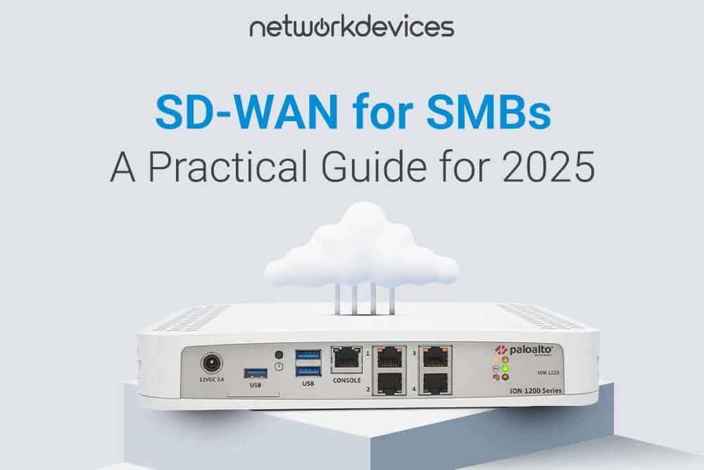 Palo Alto Networks SD-WAN device with a cloud icon above it, representing Network Devices’ 2025 practical guide for SMBs on SD-WAN solutions.