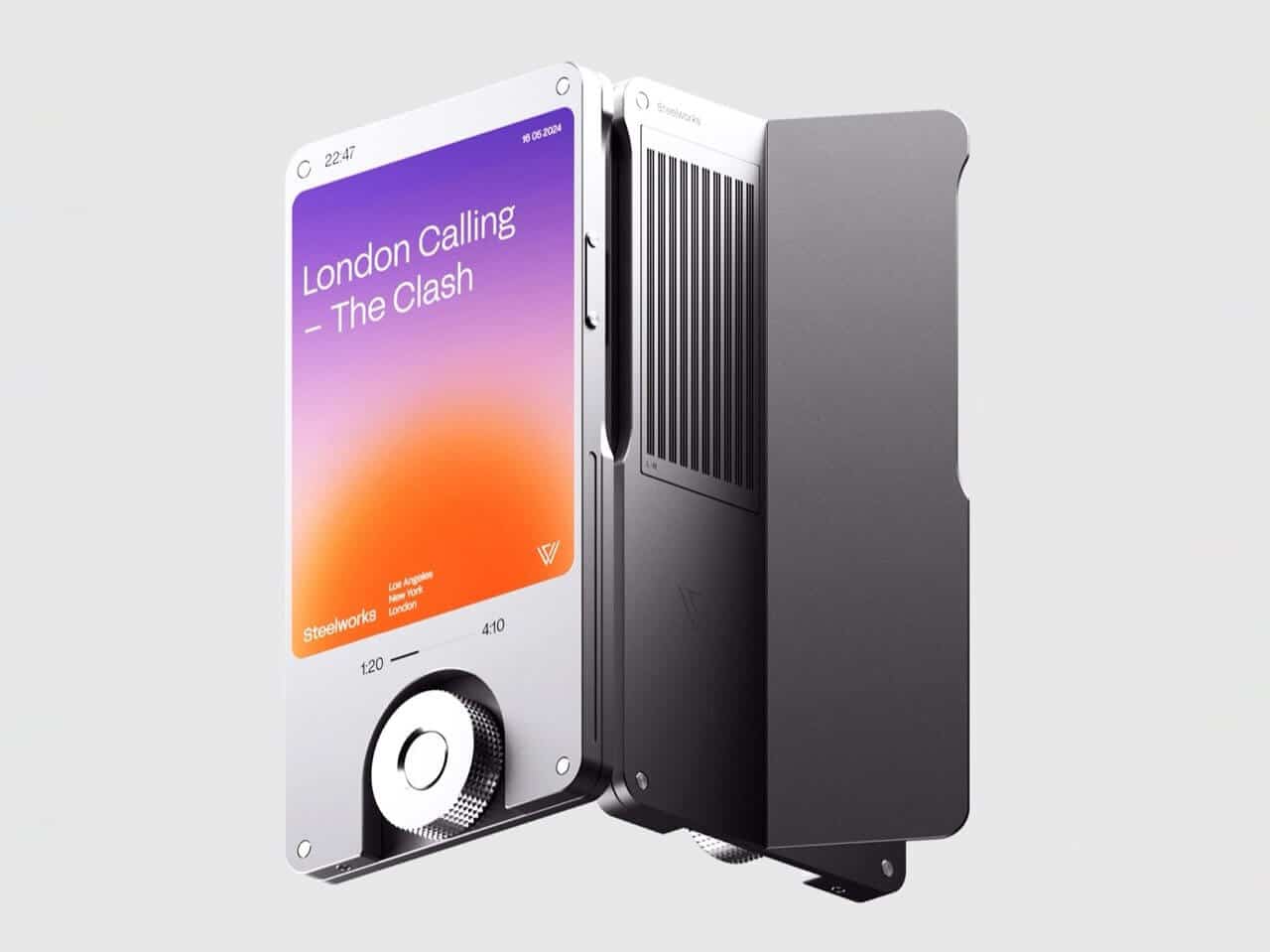 Back view showing SW-1’s kickstand and speaker