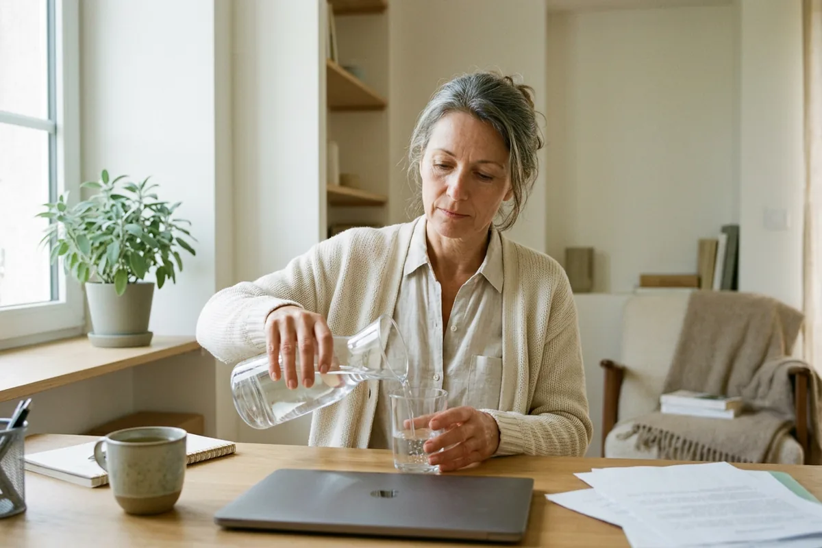 Femme au bureau qui se ressert un verre d'eau plate l'après-midi