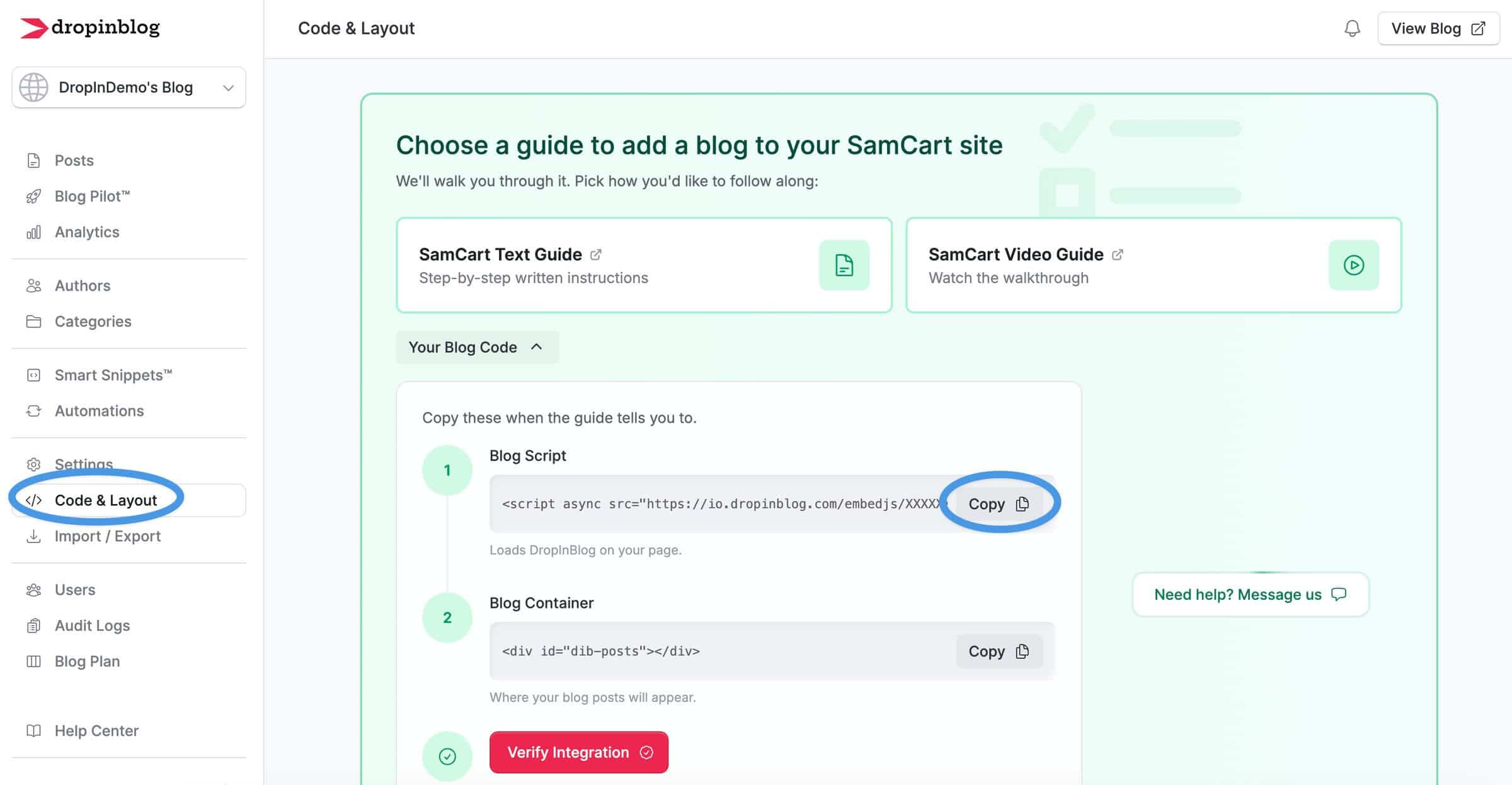 SamCart blog install step