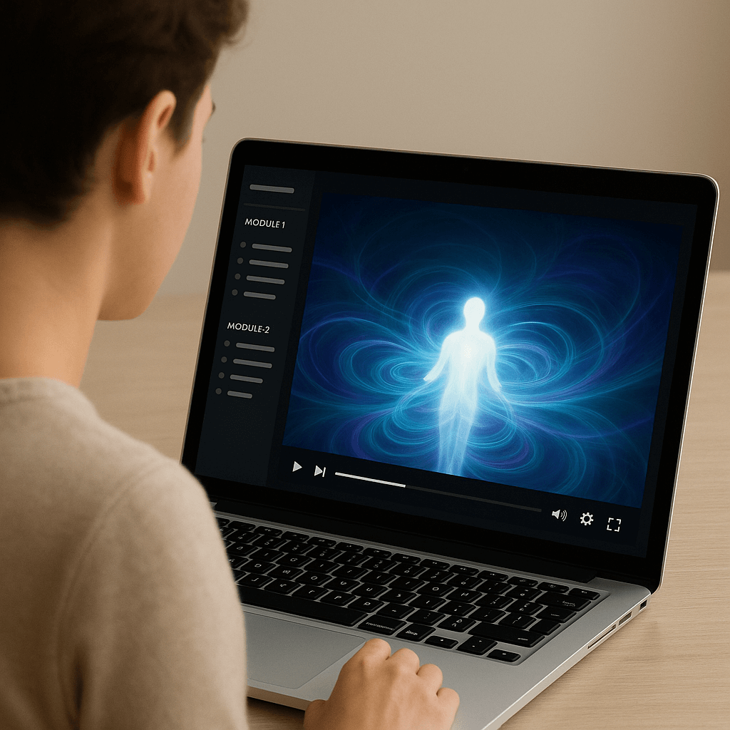 A person in their early 30s sits at a desk using a laptop to view online healing courses. The screen shows a glowing human figure surrounded by swirling blue, green, and purple energy frequencies, with course modules on the left and video controls at