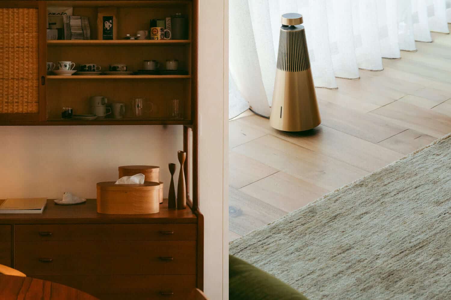 收納器物的柚木老件邊櫃細節，旁側為 Bang & Olufsen 揚聲器，將經典美學融入音響設備