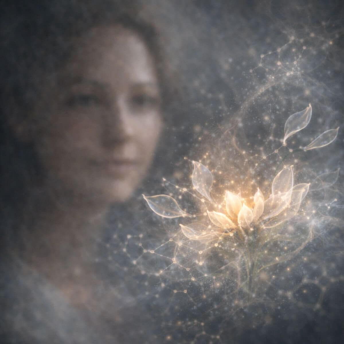 Flower forming from energy as petals assemble via molecular strands, seen through a woman’s gaze, detachment in healing.