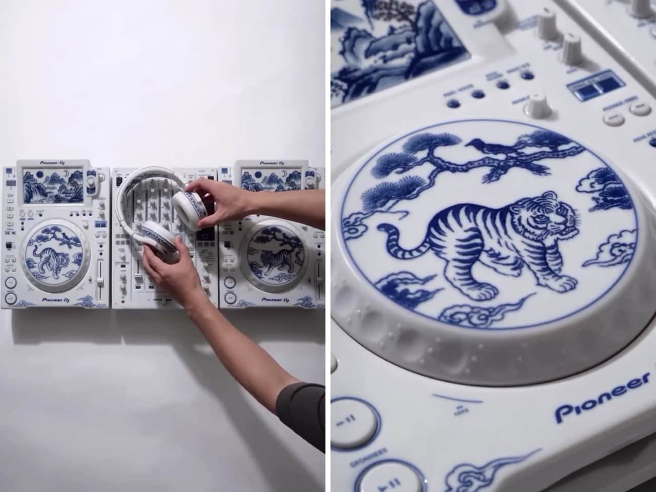 Final porcelain-style DJ setup with matching decks and mixer