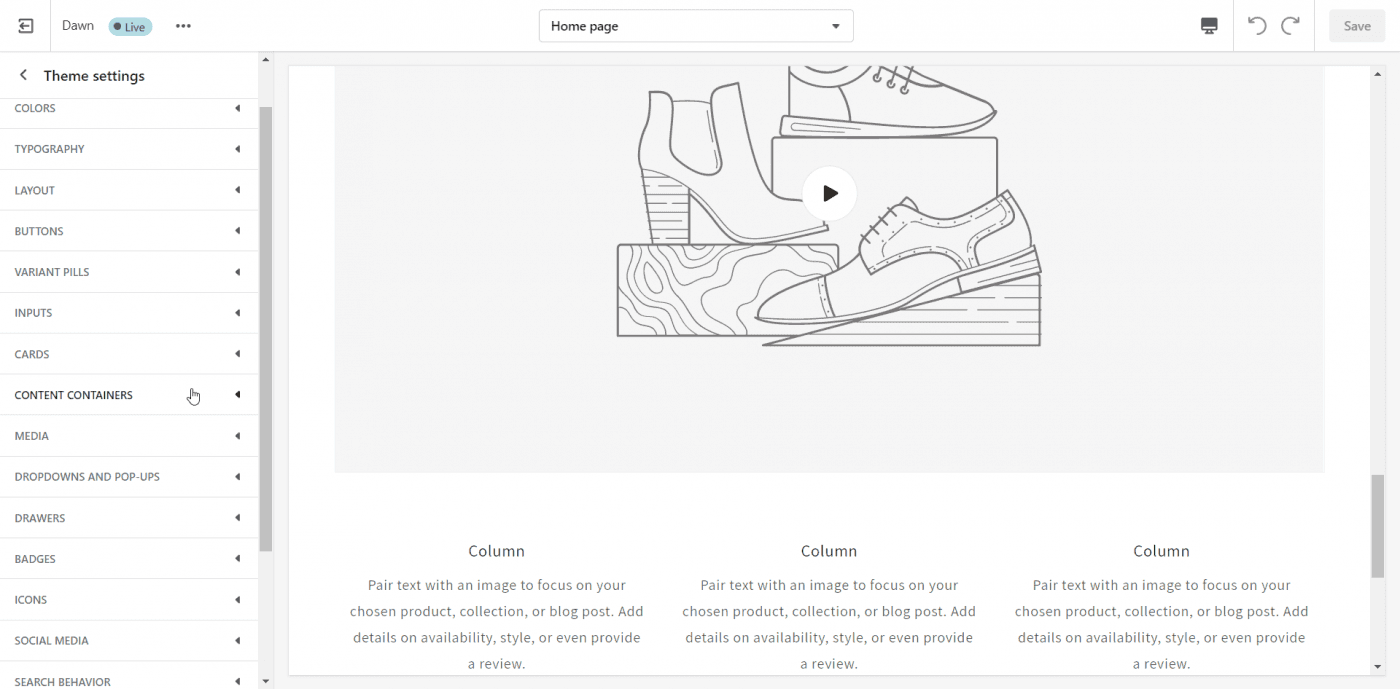 Shopify store builder editor theme settings