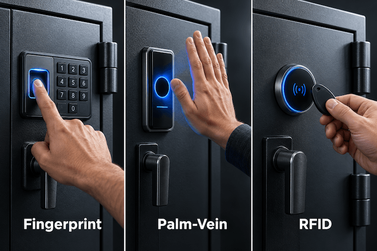 Side-by-side illustration of fingerprint, palm-vein and RFID access methods on gun safes.