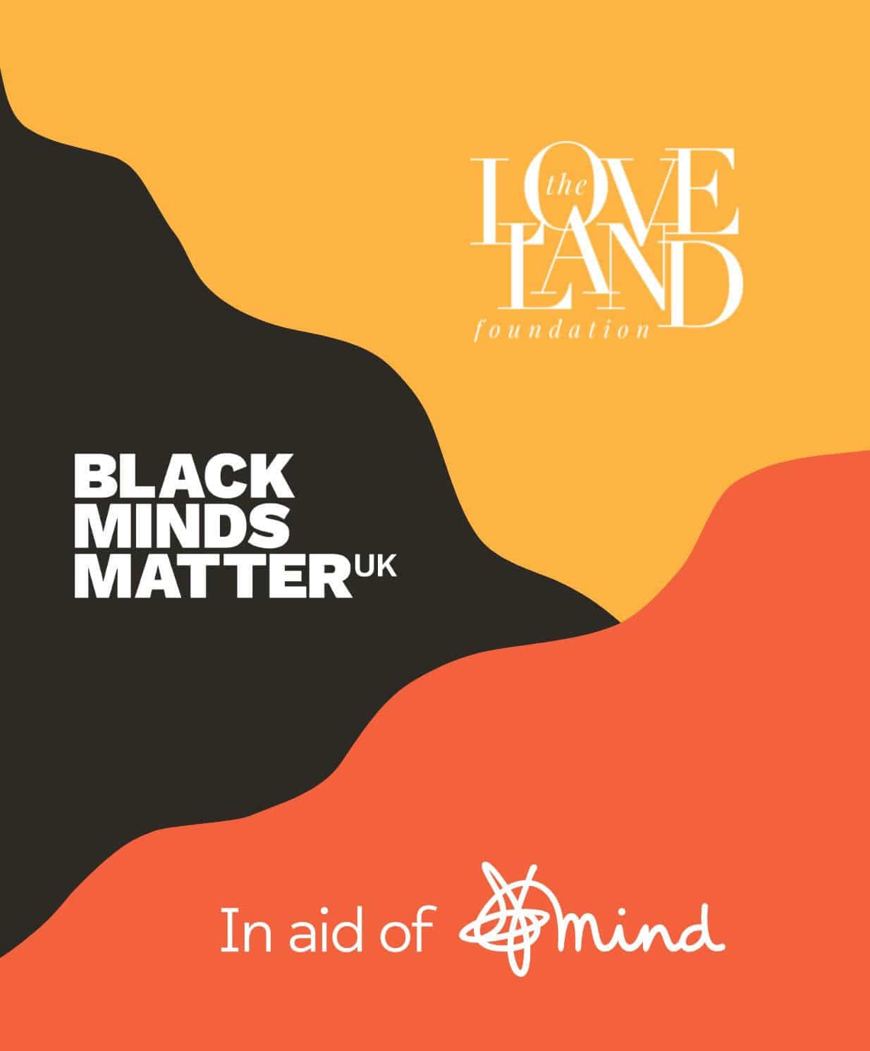 Partnership logos for Mind, Black Minds Matter UK, and Loveland Foundation mental health charities on colorful geometric background