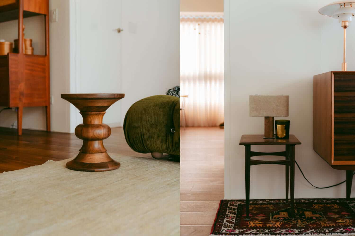 空間中經典的 Eames Stool b 胡桃木椅凳與簡約側邊桌，展現洗鍊的木質層次感。