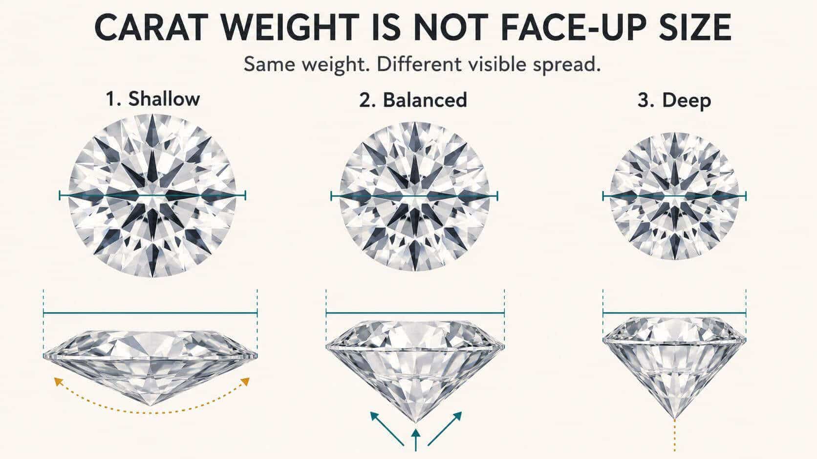 Three round brilliant diamonds of equal carat weight shown from above and in profile, comparing shallow, balanced and deep proportions.