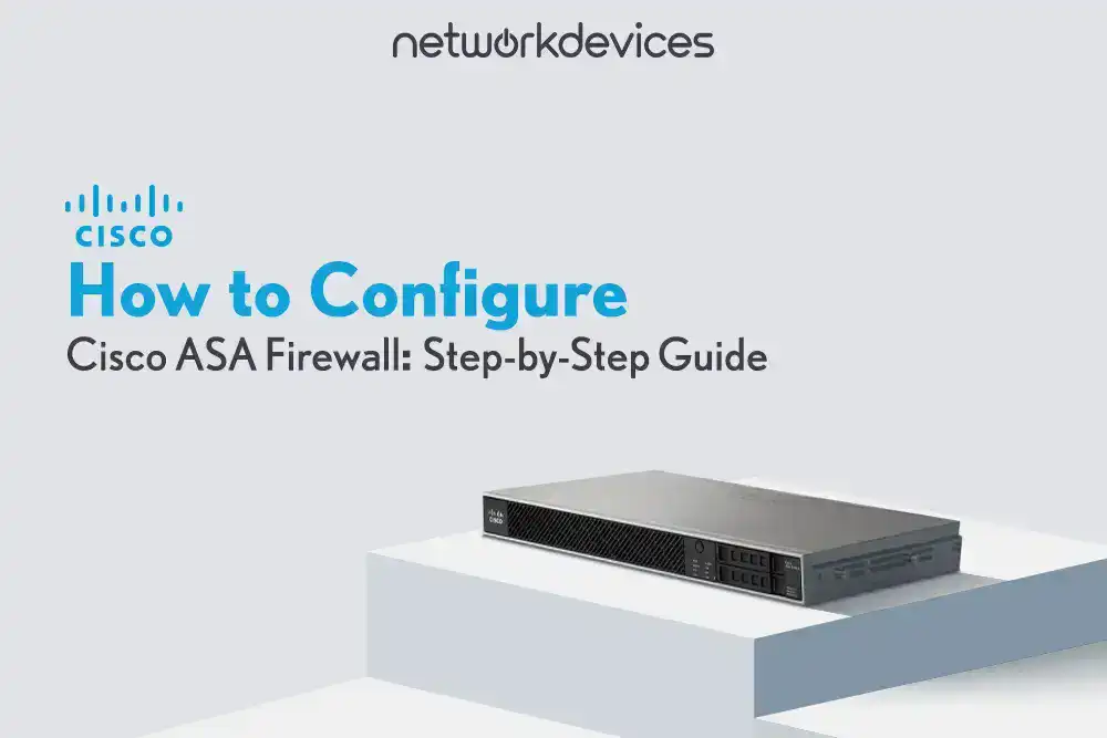 Cisco ASA Firewall Configuration Guide – Learn how to configure Cisco ASA Firewall step-by-step. NetworkDevices logo and firewall image.