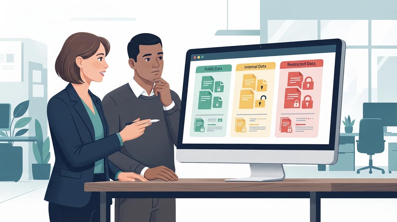 Illustration of an IT consultant and business owner reviewing files sorted into public, internal, and restricted data categories