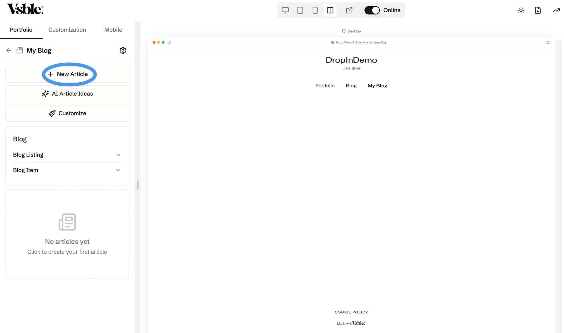 Adding a new article in Vsble
