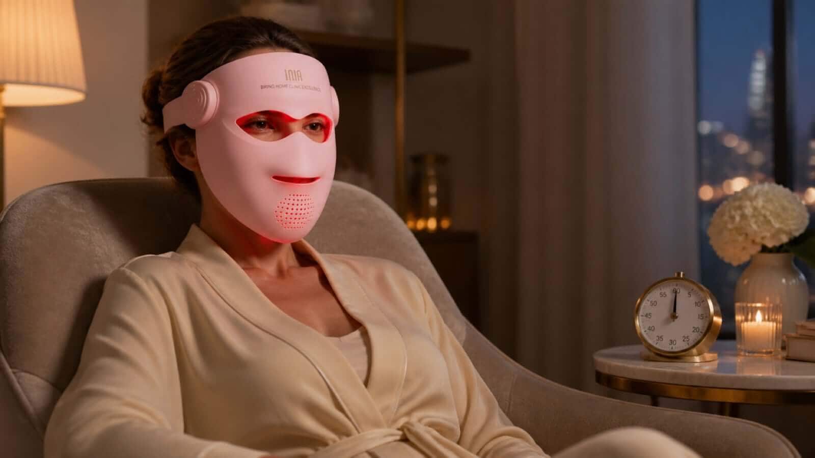 Woman wearing a pink INIA LED face mask during a timed evening session