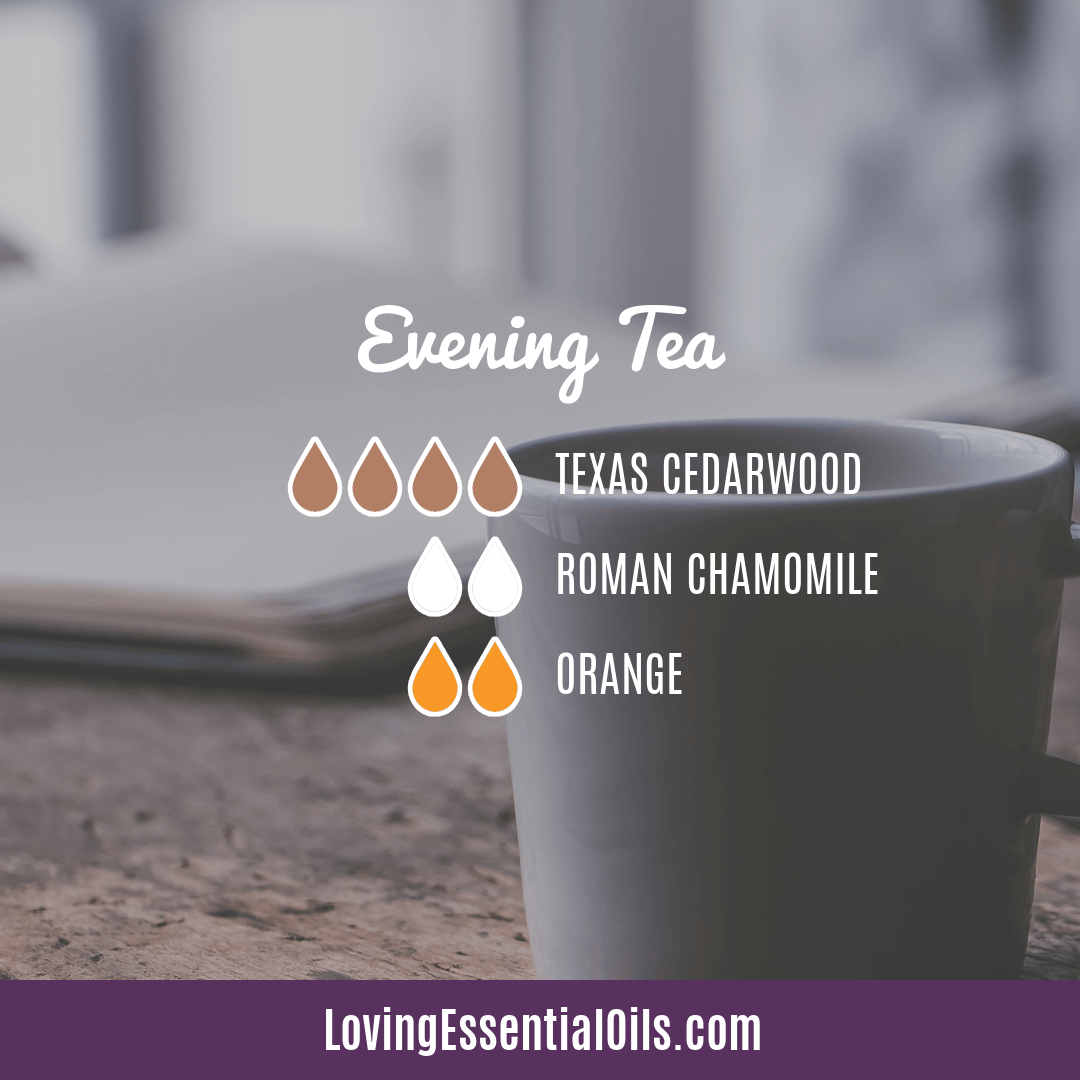 Roman chamomile essential oil recipes by Loving Essential Oils | Evening Tea Blend with cedarwood and orange