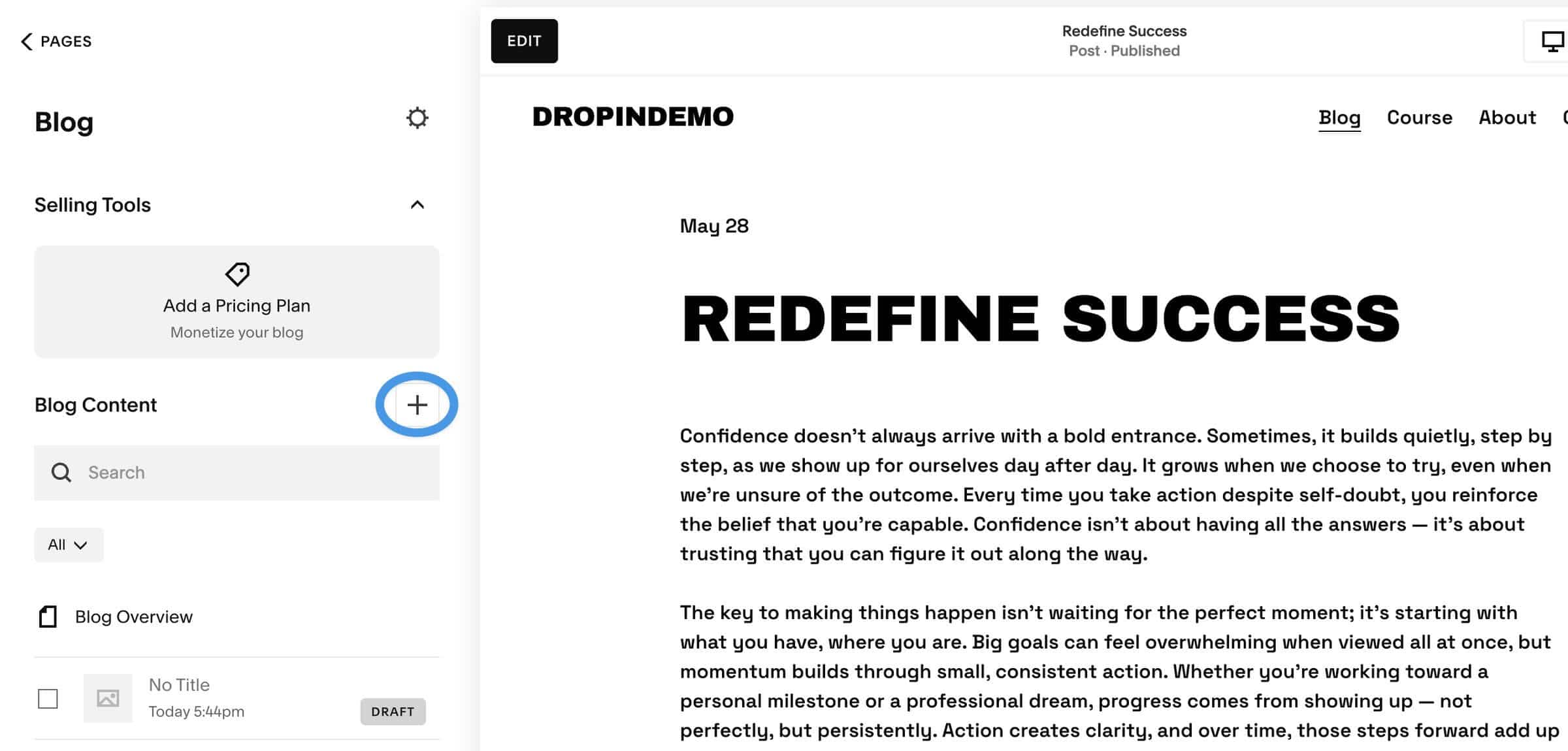 Adding a new blog post in Squarespace