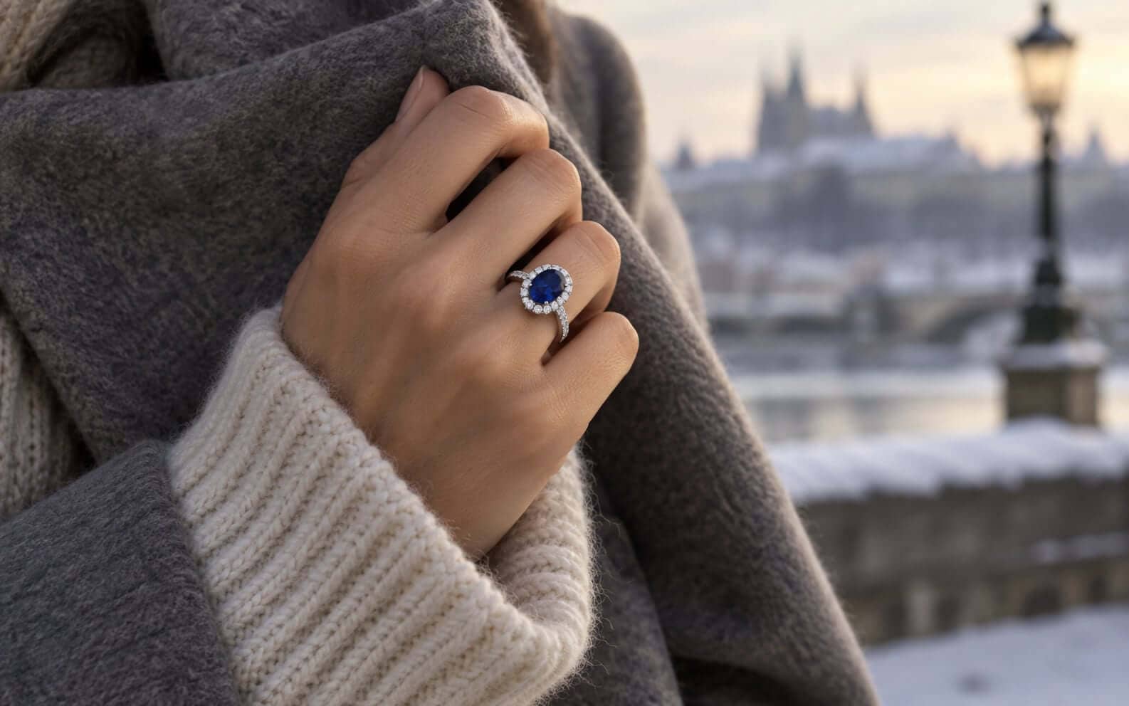 A blue gemstone halo ring worn beside a cream knitted cuff and grey winter layers, with a blurred riverside background.