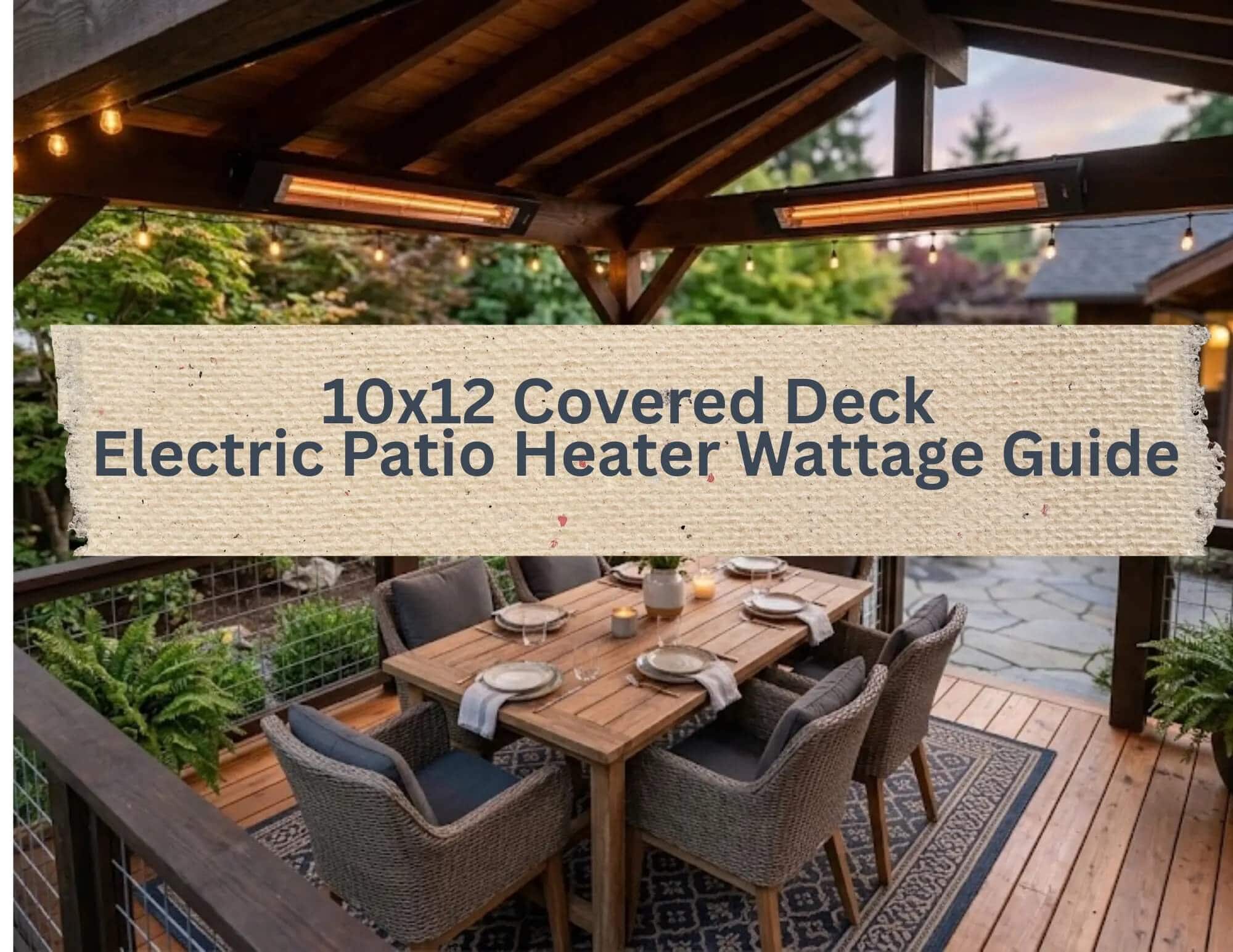 A high-angle architectural photograph capturing a beautifully designed 10x12 foot covered deck at dusk, featuring two flush-mounted electric radiant heaters glowing warmly over a cozy outdoor dining area.