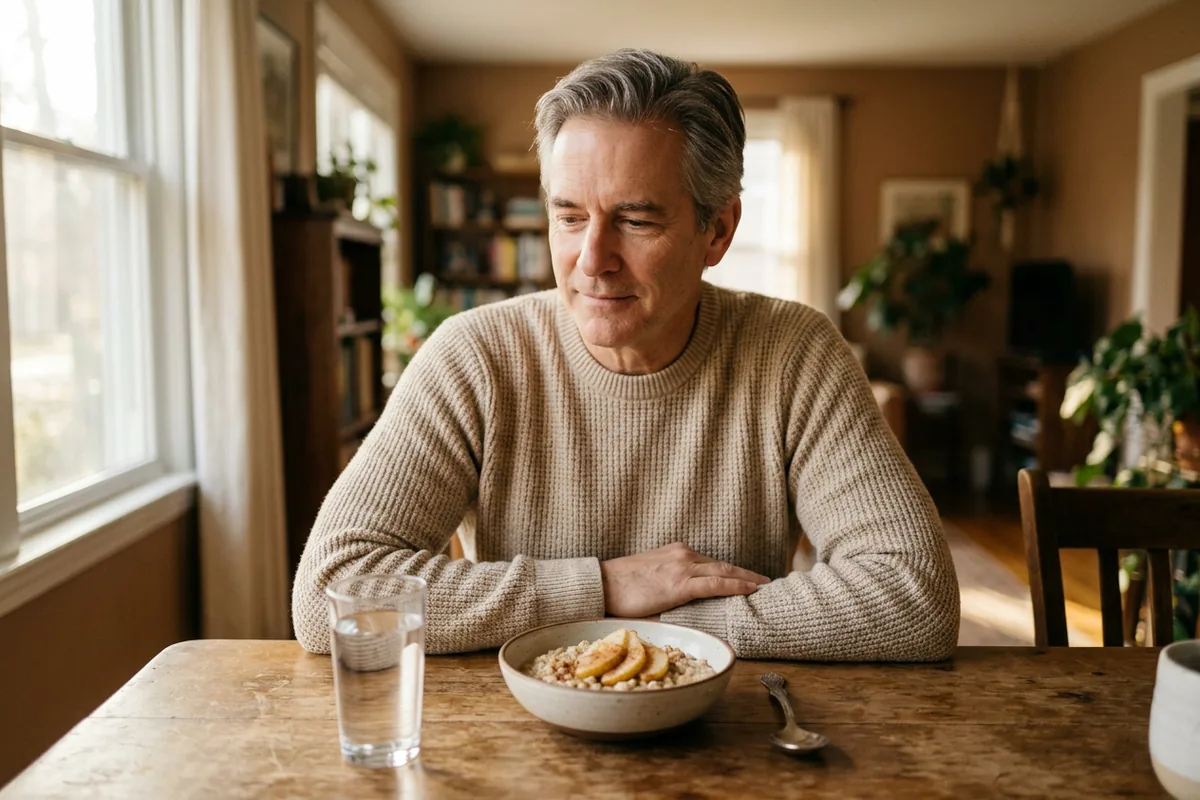 Man in his late fifties at home eating oatmeal with pear and a tall glass of water at breakfast