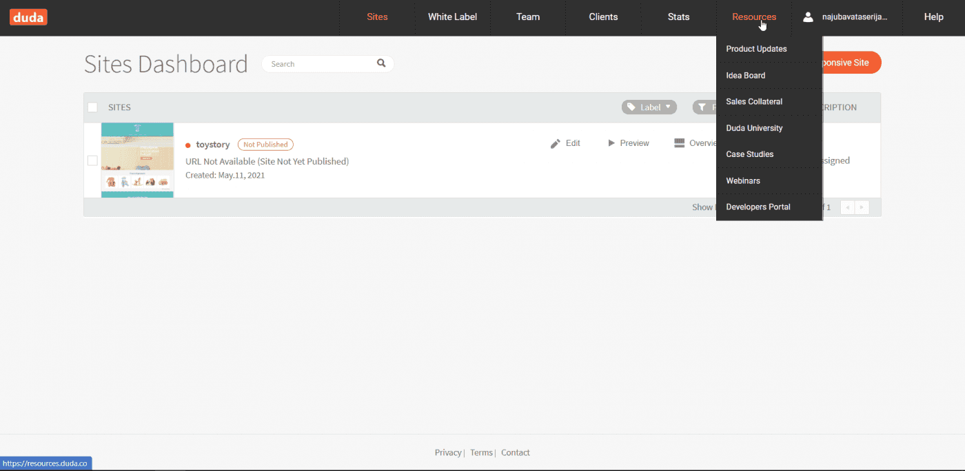 Duda vs WordPress: Duda dashboard