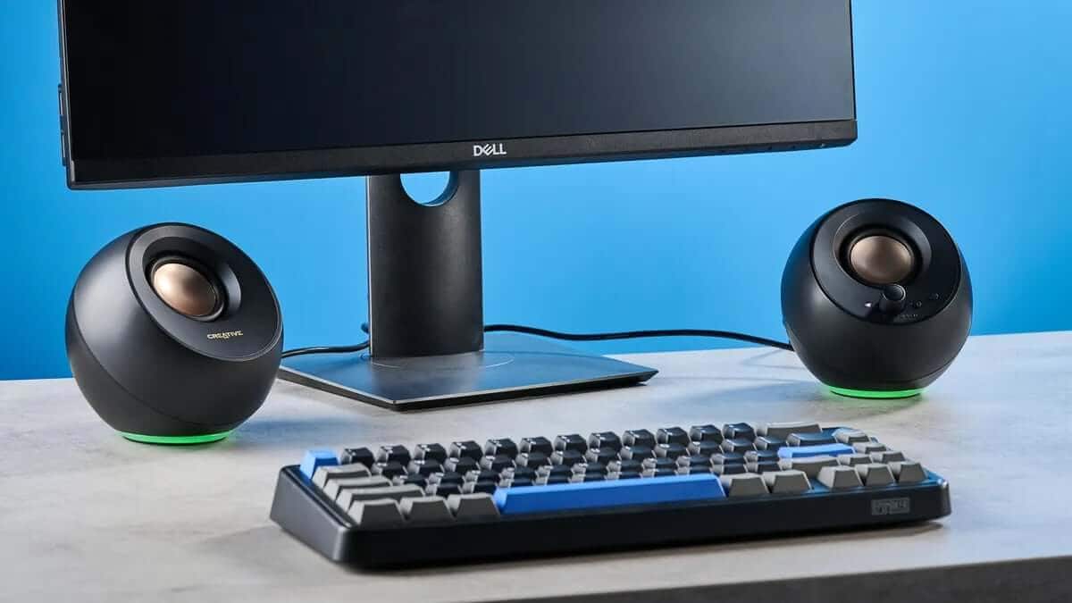 Creative Pebble Pro paired speakers on desk
