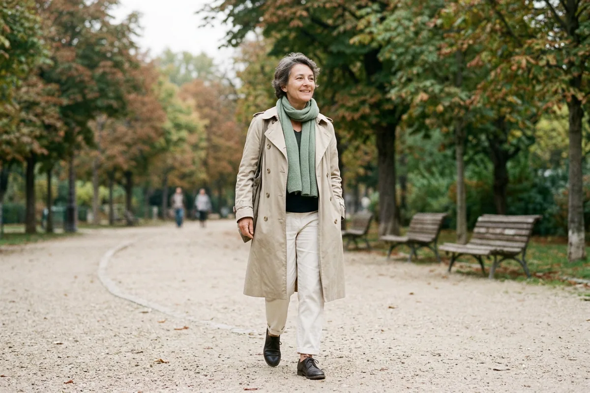 Femme d'une cinquantaine d'années qui marche dans un parc le matin, en tenue simple