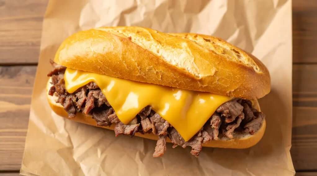 High protein food served as a Philly cheesesteak with shaved beef and melted yellow American cheese sauce on a toasted crusty hoagie roll over parchment paper.