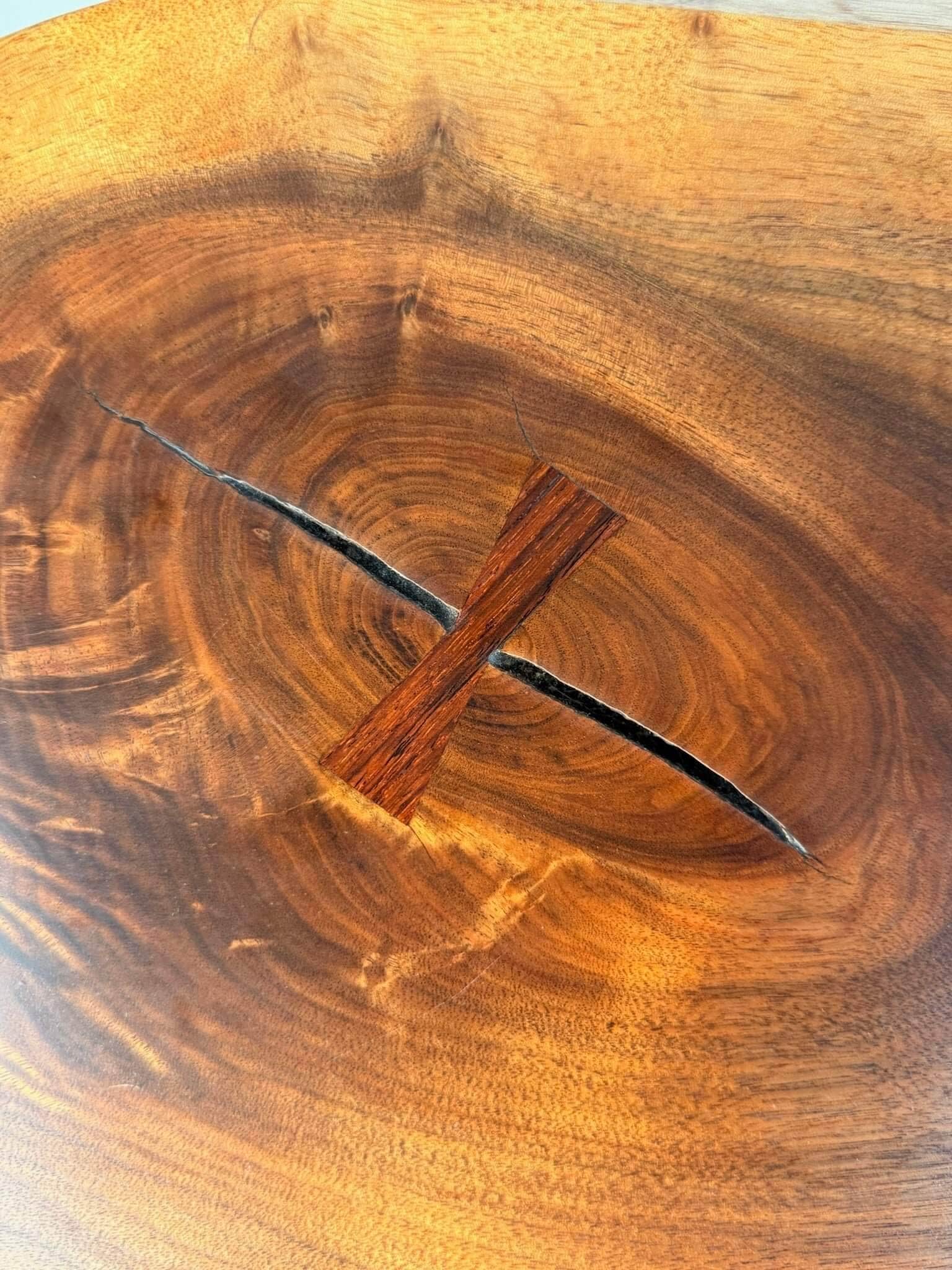 full shot of Authentic George Nakashima Conoid coffee table in walnut with live edge and butterfly in rosewood.
