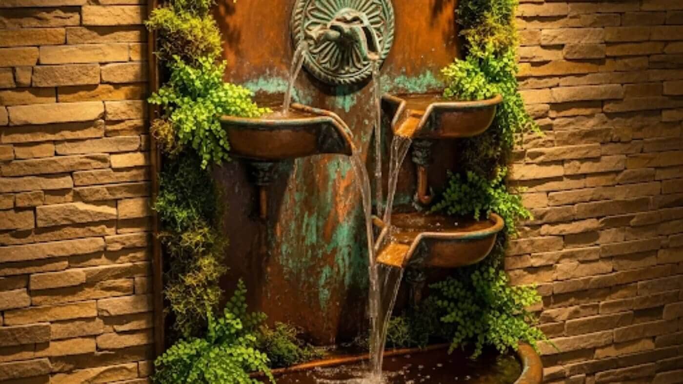 A beautiful indoor wall fountain made of copper with a warm, rustic feel. The fountain has developed a natural, multi-colored patina and is adorned with lush green moss and ferns.