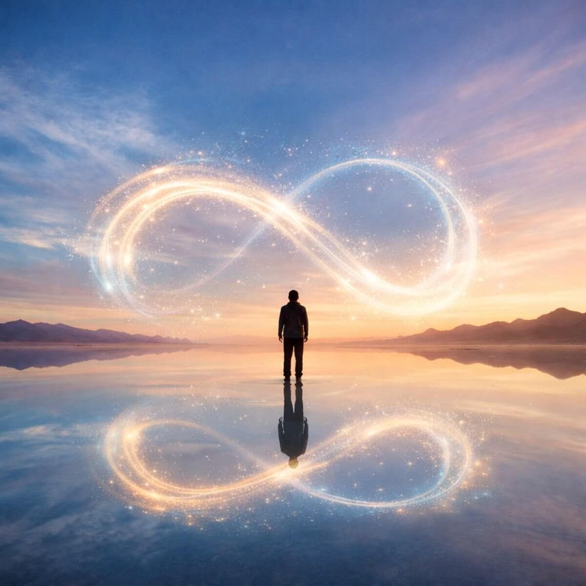 A digital painting of a lone figure standing on a reflective, still body of water at sunrise, facing a glowing infinity symbol in the sky and its mirrored reflection below—evoking the concept of staying in flow amidst calm and chaos.