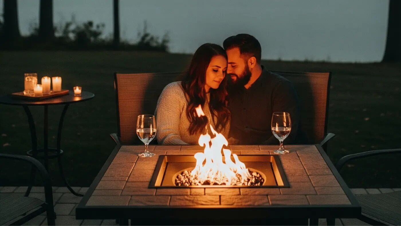 A couple having a romantic evening by a gas fire pit table on a patio, with a body of water in the background at dusk