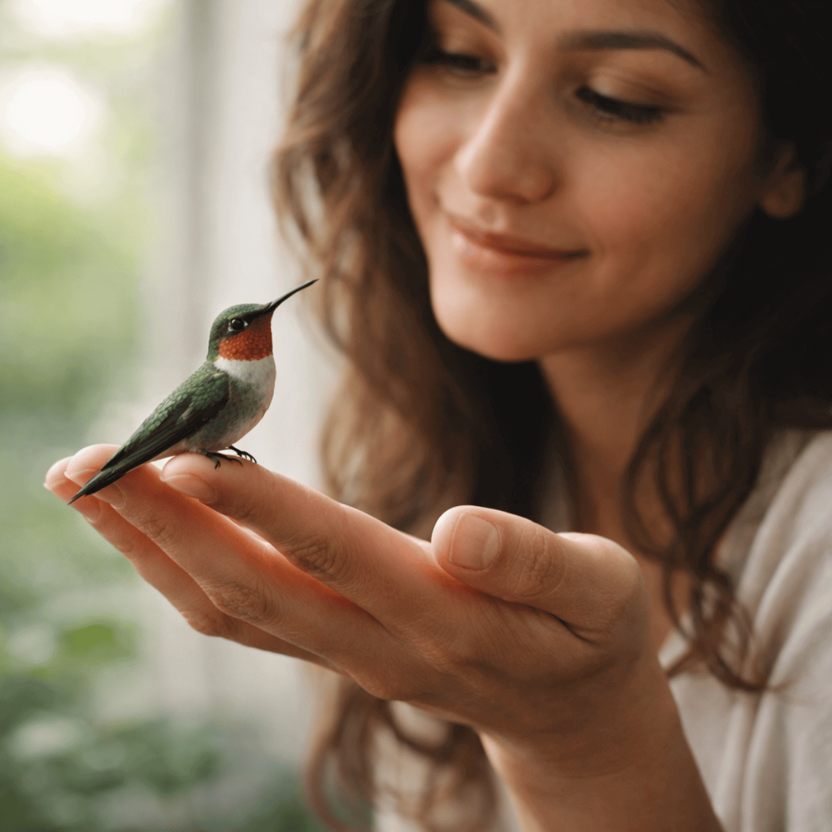 Woman holding out a relaxed open hand with a hummingbird perched on her finger, sharing a quiet moment of instinct.