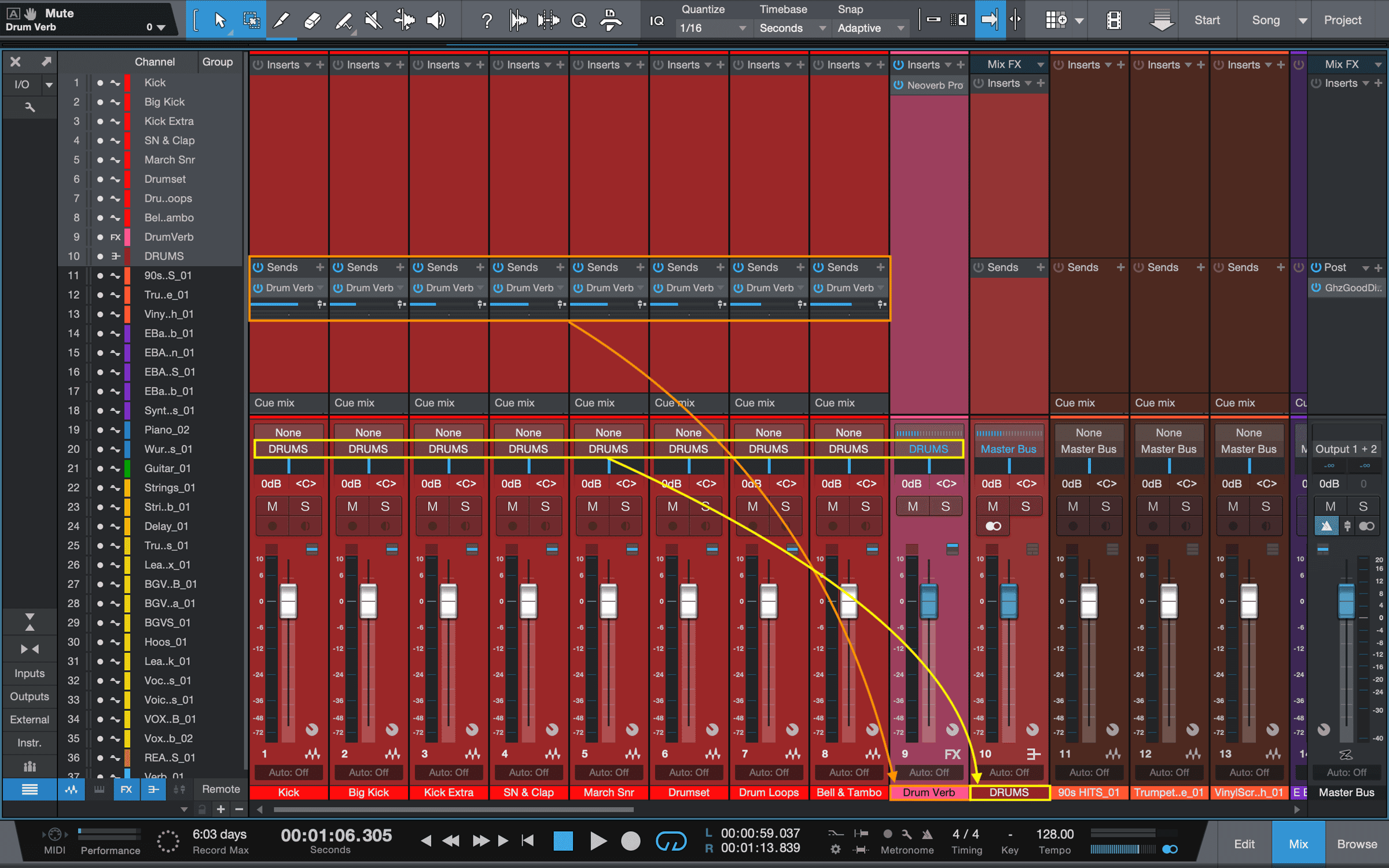 Drum channels with sends to an aux (orange), all routed to a subgroup (yellow)
